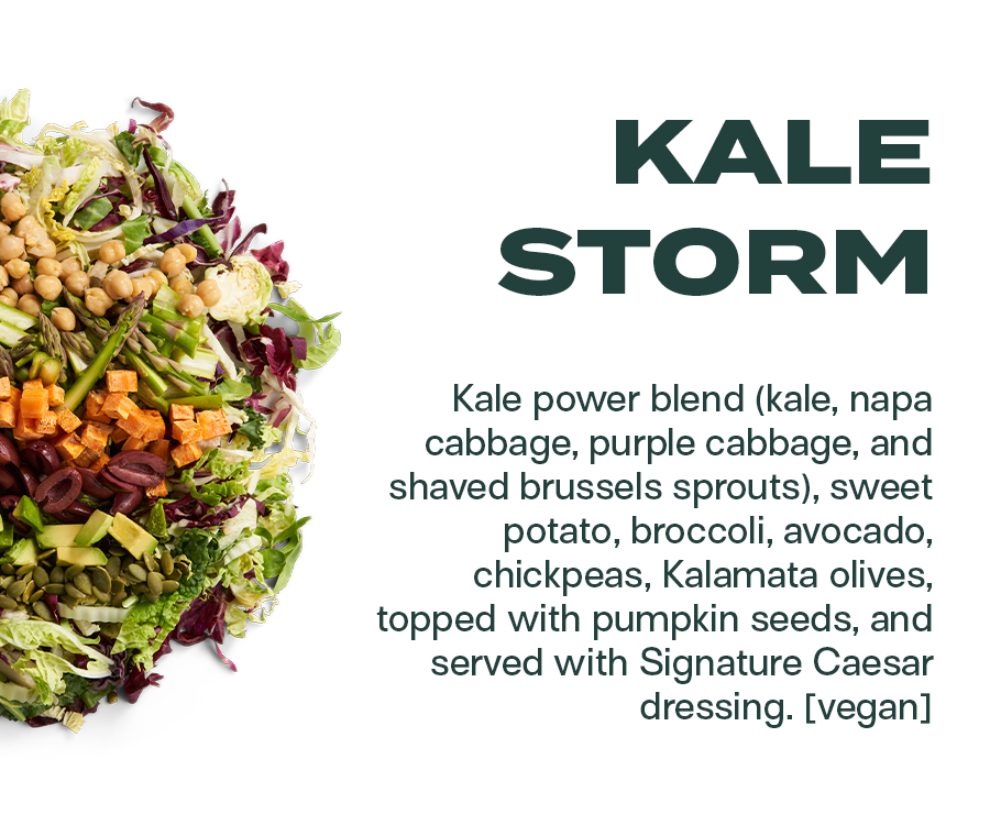 Kale Storm - Kale power blend (kale, napa cabbage, purple cabbage, and shaved brussels sprouts), sweet potato, broccoli, avocado, chickpeas, Kalamata olives, topped with pumpkin seeds, and served with Signature Caesar dressing. [vegan]